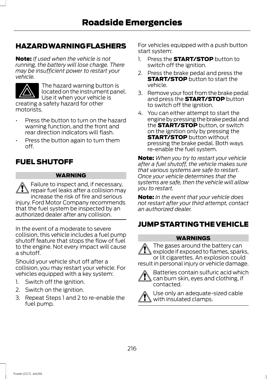 Hazard warning flashers, Fuel shutoff, Jump starting the vehicle | Roadside emergencies | FORD 2014 Fusion v.3 User Manual | Page 219 / 458