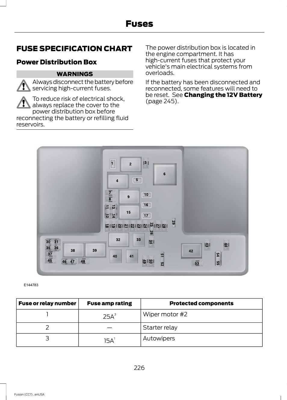 Fuses, Fuse specification chart | FORD 2014 Fusion v.3 User Manual | Page 229 / 458