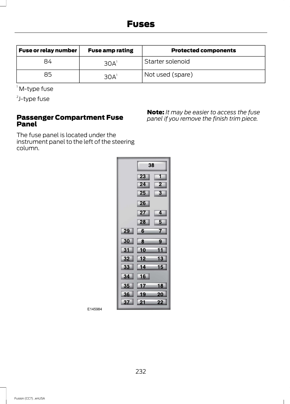 Fuses, Passenger compartment fuse panel | FORD 2014 Fusion v.3 User Manual | Page 235 / 458