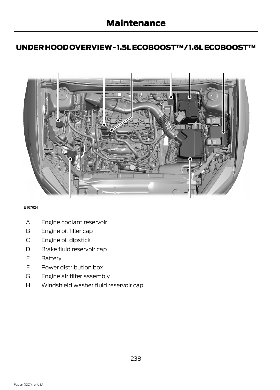 Under hood overview, Under hood overview - 1.5l ecoboost, 6l ecoboost | Maintenance, Under hood overview - 1.5l ecoboost™/1.6l ecoboost | FORD 2014 Fusion v.3 User Manual | Page 241 / 458