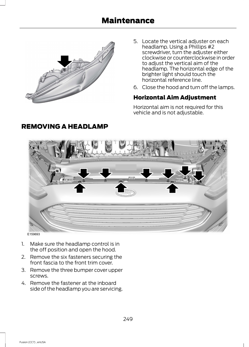 Removing a headlamp, Maintenance | FORD 2014 Fusion v.3 User Manual | Page 252 / 458