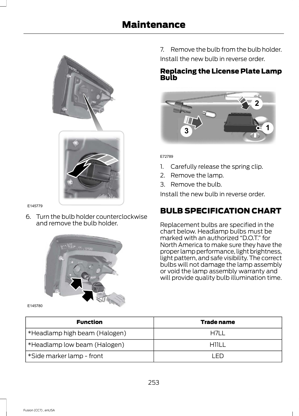 Bulb specification chart, Maintenance | FORD 2014 Fusion v.3 User Manual | Page 256 / 458