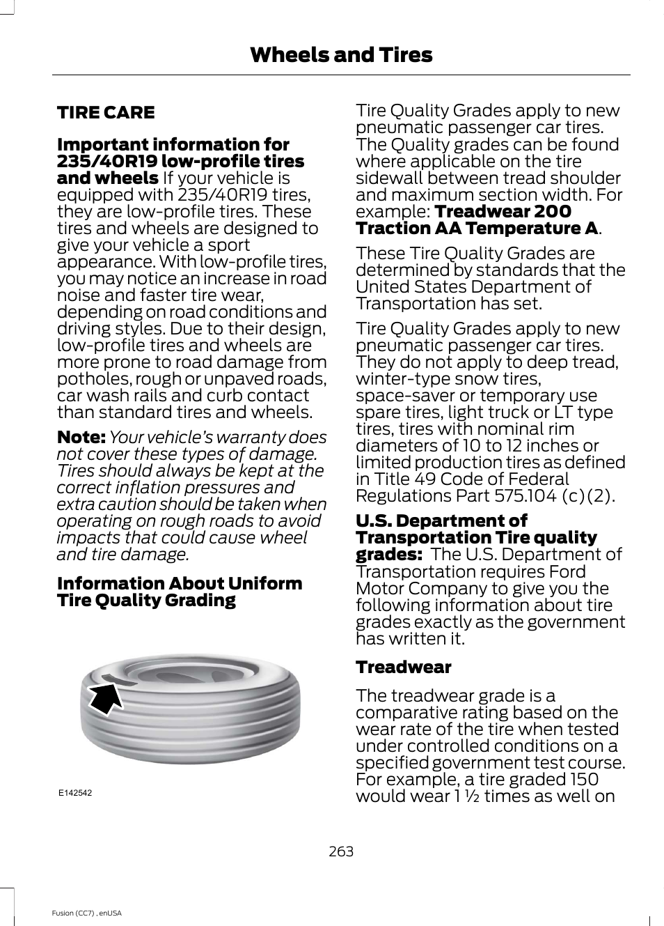 Wheels and tires, Tire care | FORD 2014 Fusion v.3 User Manual | Page 266 / 458