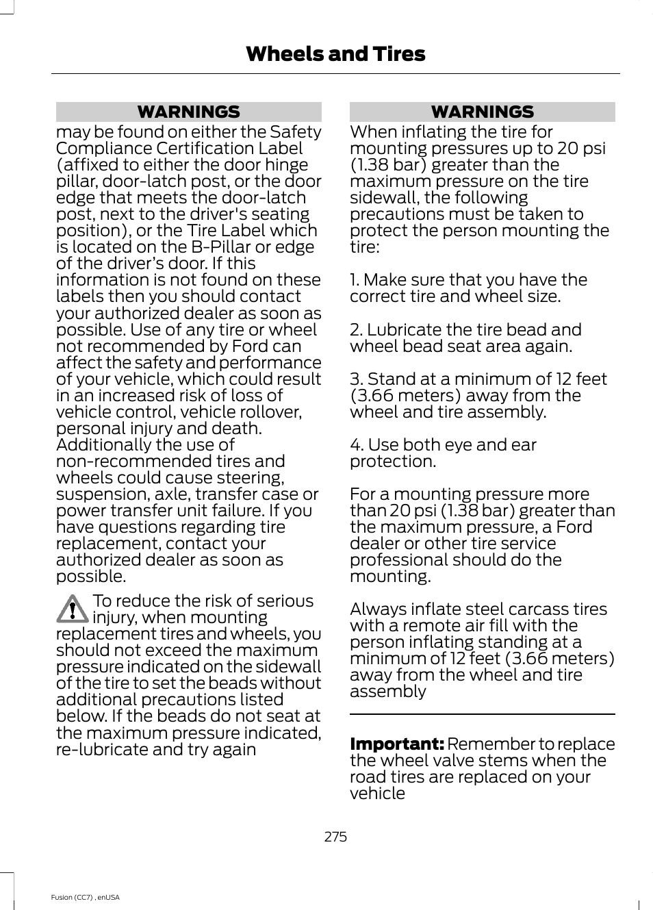 Wheels and tires | FORD 2014 Fusion v.3 User Manual | Page 278 / 458