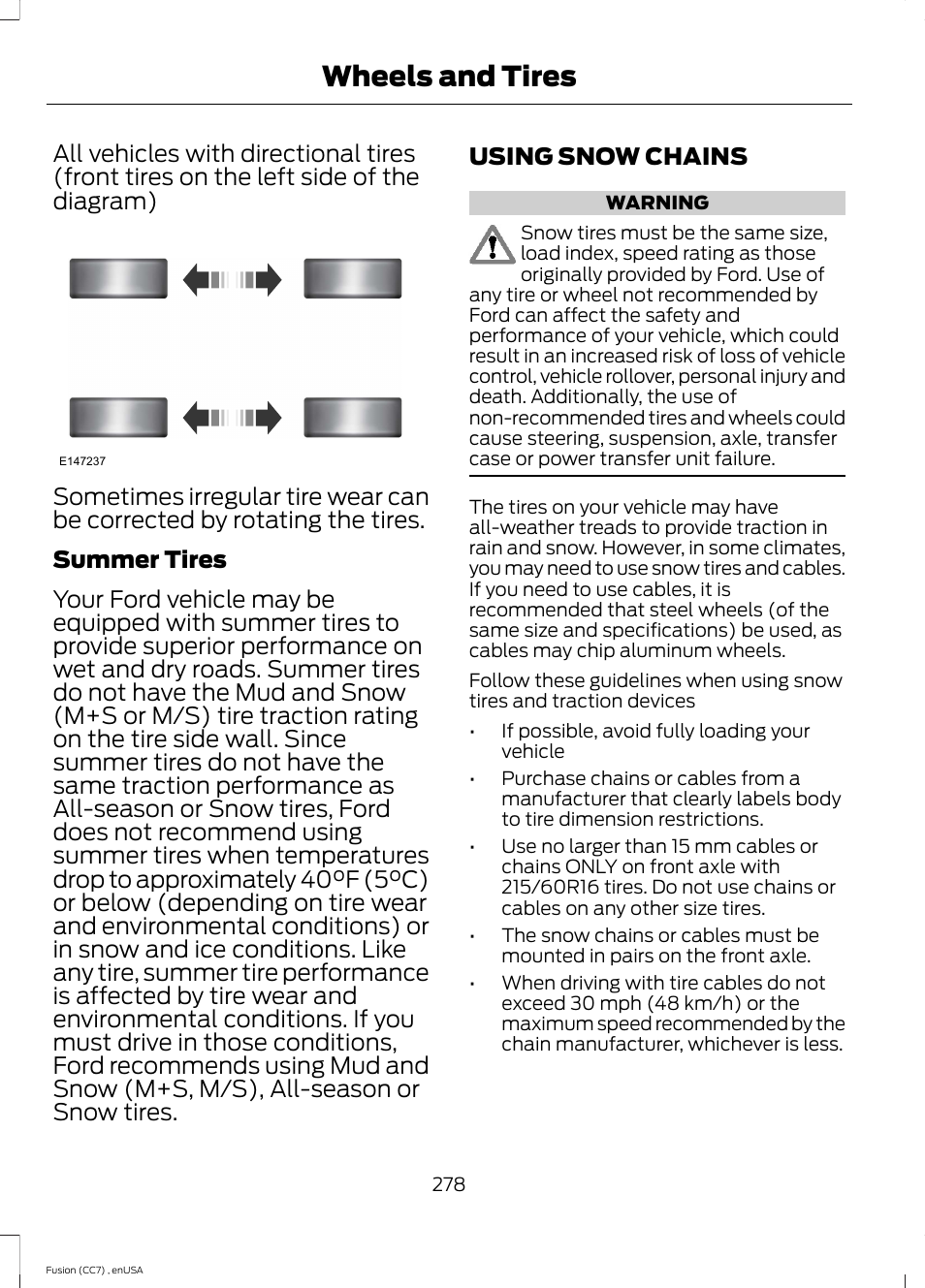 Using snow chains, Wheels and tires | FORD 2014 Fusion v.3 User Manual | Page 281 / 458