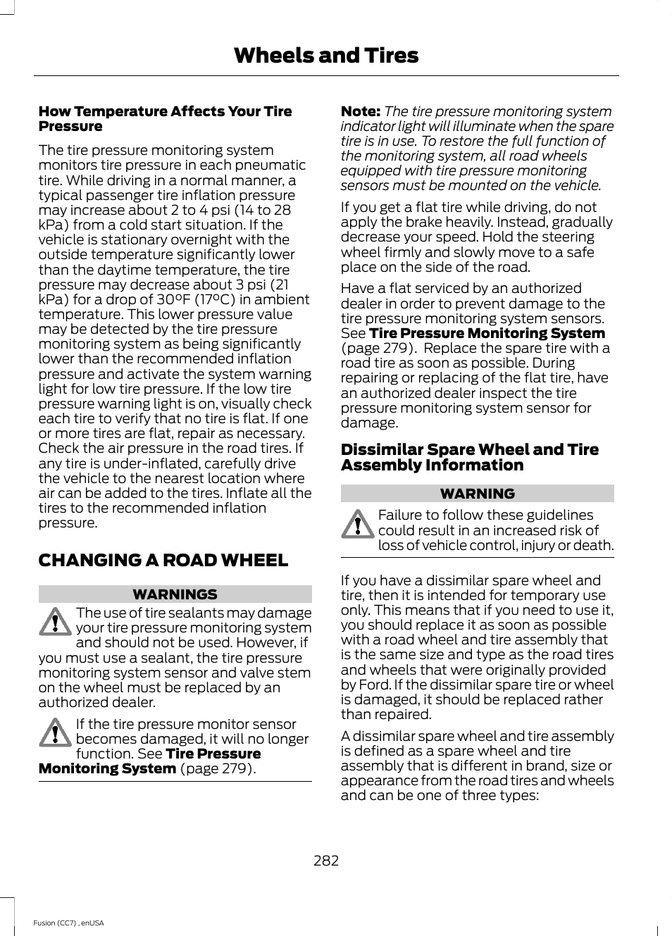 Changing a road wheel, Wheels and tires | FORD 2014 Fusion v.3 User Manual | Page 285 / 458