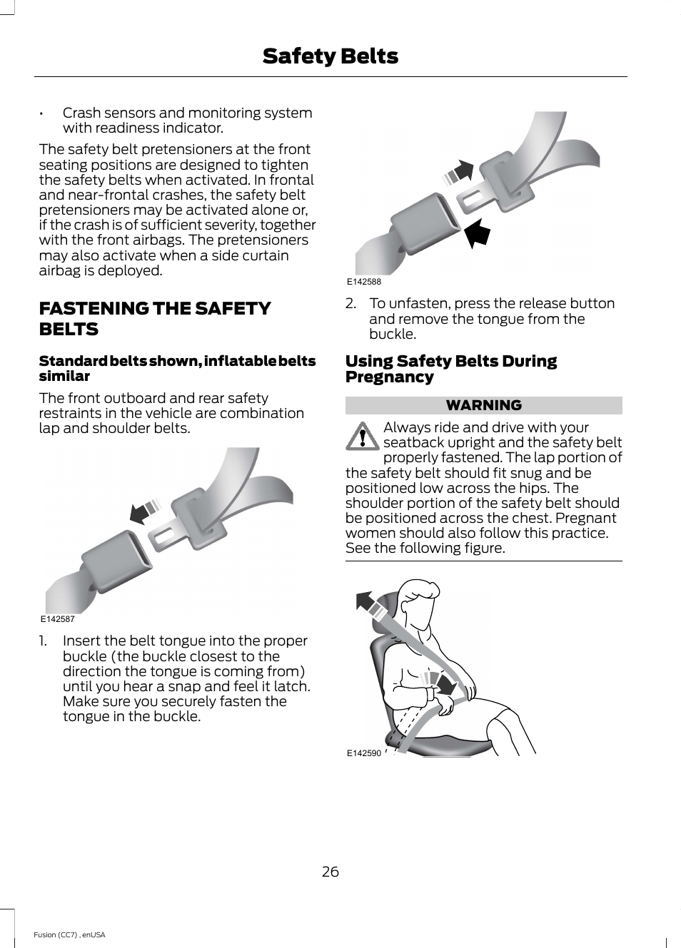 Fastening the safety belts, Safety belts | FORD 2014 Fusion v.3 User Manual | Page 29 / 458