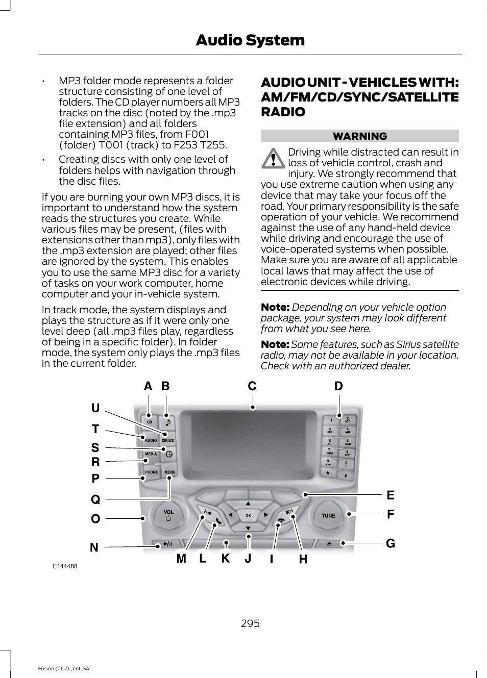 Audio unit, Audio unit - vehicles with: am/fm/cd, Sync/satellite radio | Audio system | FORD 2014 Fusion v.3 User Manual | Page 298 / 458