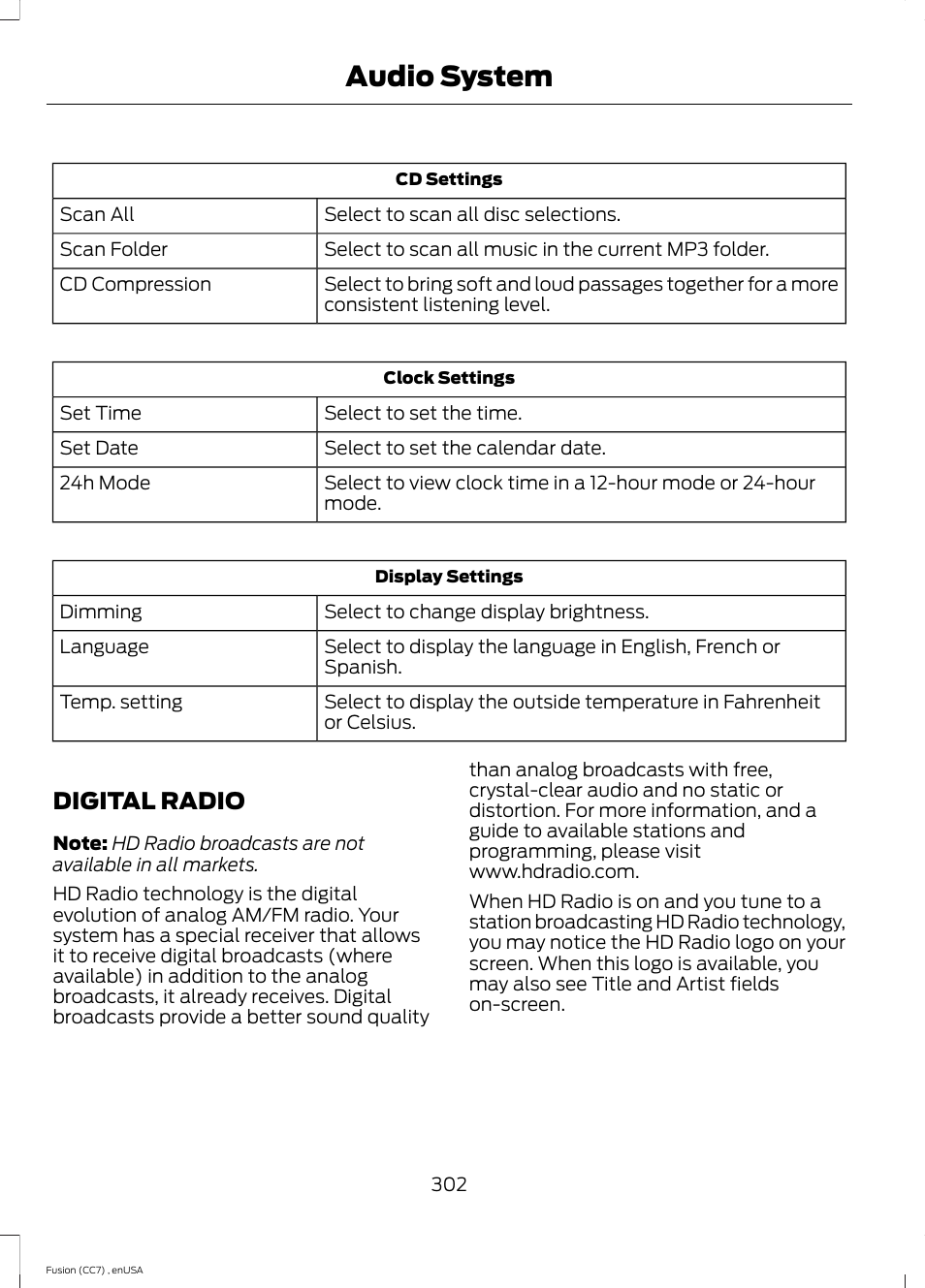 Digital radio, Audio system | FORD 2014 Fusion v.3 User Manual | Page 305 / 458