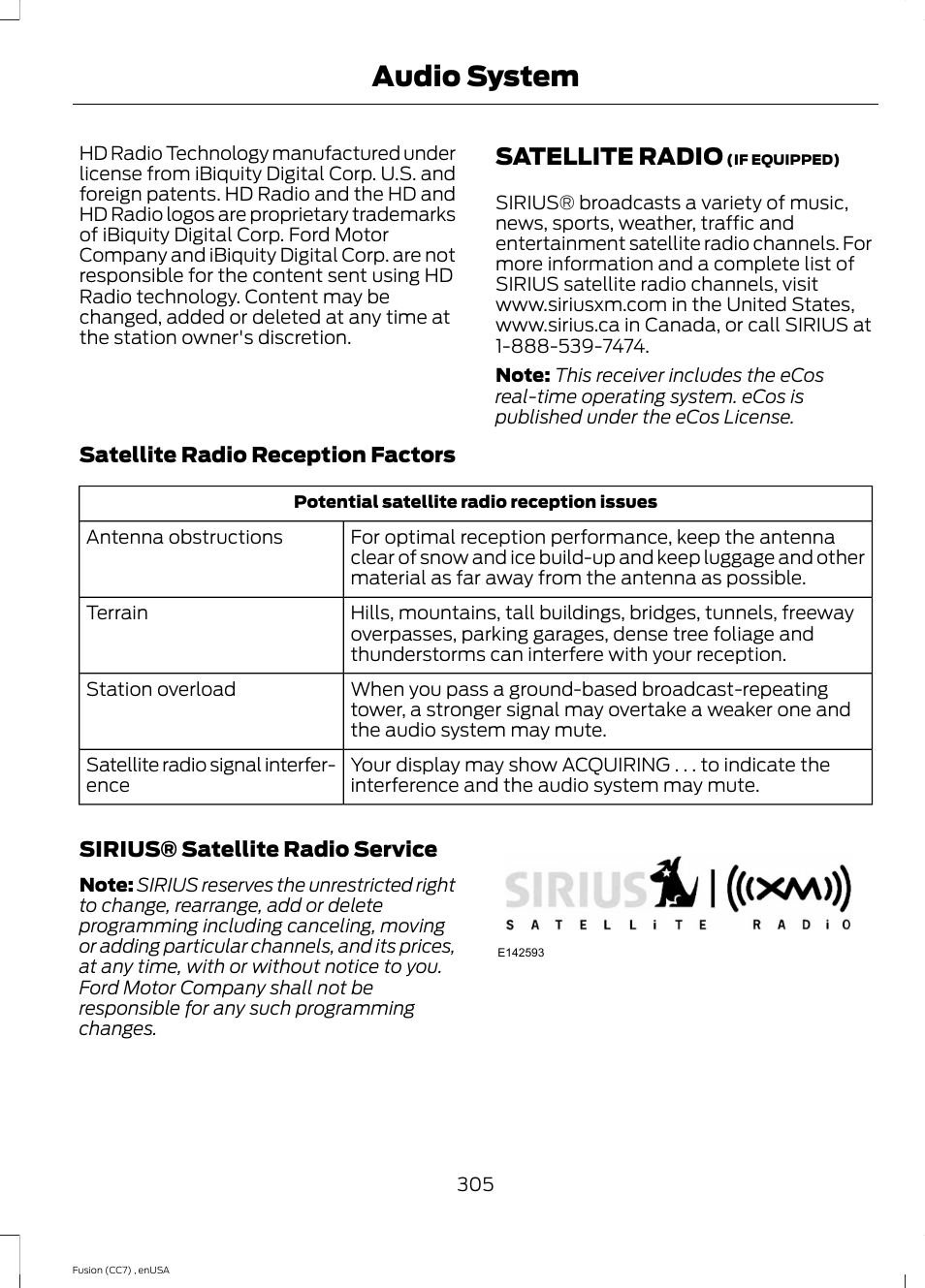 Satellite radio, Audio system | FORD 2014 Fusion v.3 User Manual | Page 308 / 458