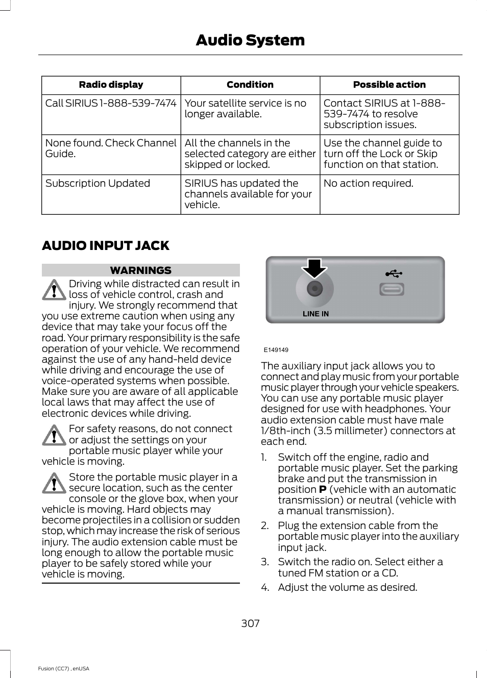 Audio input jack, Audio system | FORD 2014 Fusion v.3 User Manual | Page 310 / 458