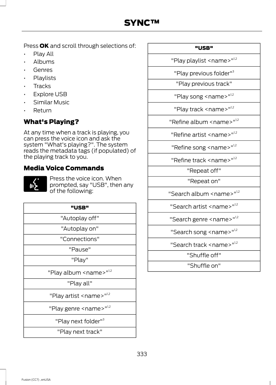 Sync, What's playing, Media voice commands | FORD 2014 Fusion v.3 User Manual | Page 336 / 458