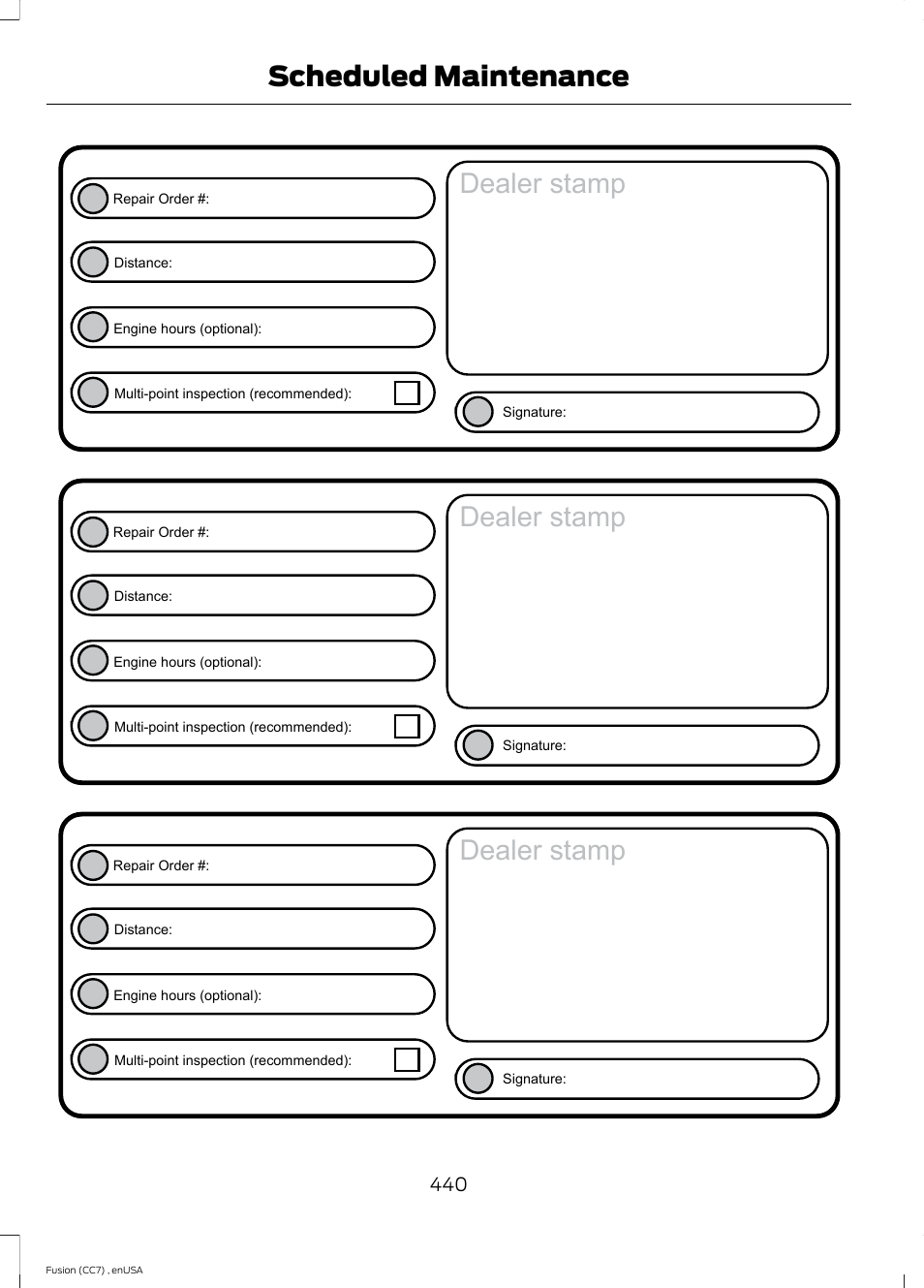 Dealer stamp, Scheduled maintenance | FORD 2014 Fusion v.3 User Manual | Page 443 / 458