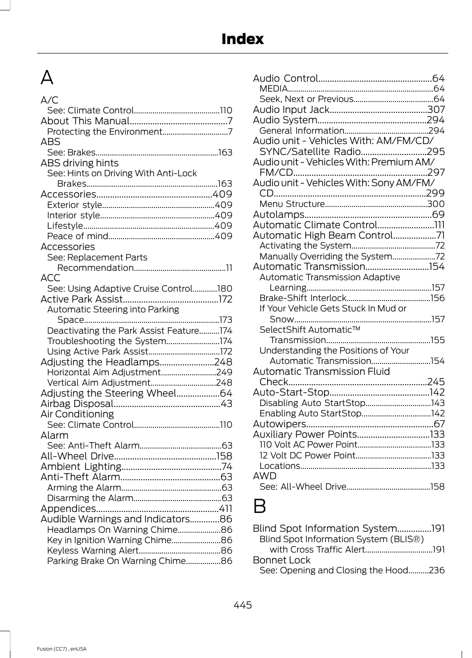 Index | FORD 2014 Fusion v.3 User Manual | Page 448 / 458