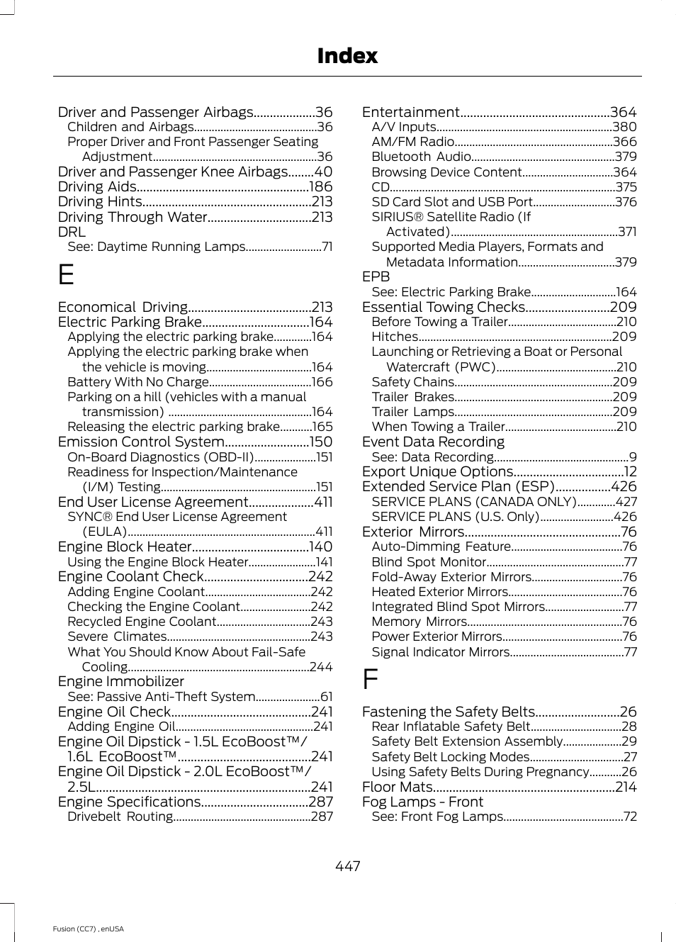 Index | FORD 2014 Fusion v.3 User Manual | Page 450 / 458