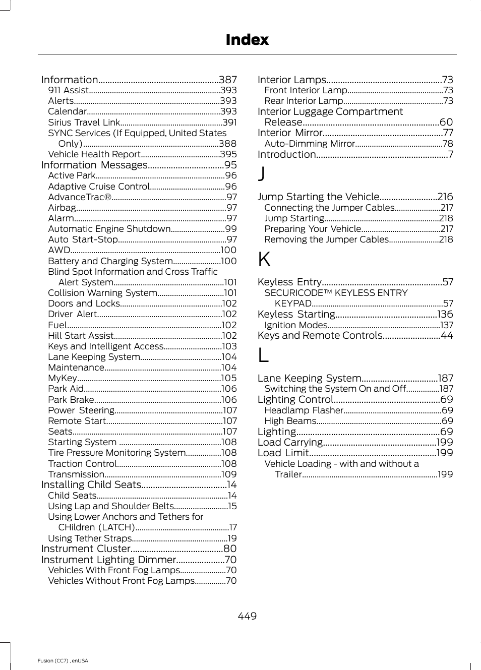 Index | FORD 2014 Fusion v.3 User Manual | Page 452 / 458