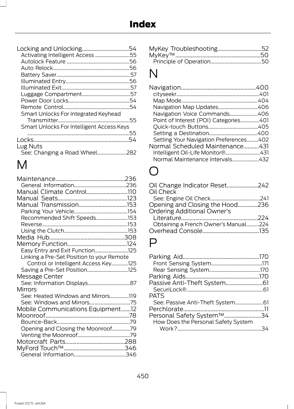 Index | FORD 2014 Fusion v.3 User Manual | Page 453 / 458