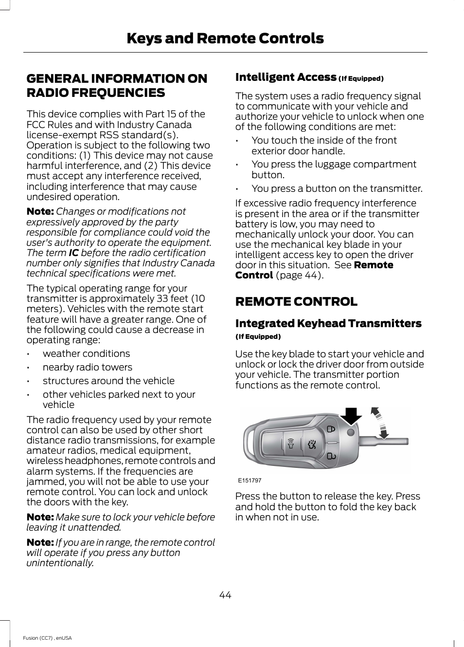 Keys and remote controls, General information on radio frequencies, Remote control | General information on radio, Frequencies | FORD 2014 Fusion v.3 User Manual | Page 47 / 458