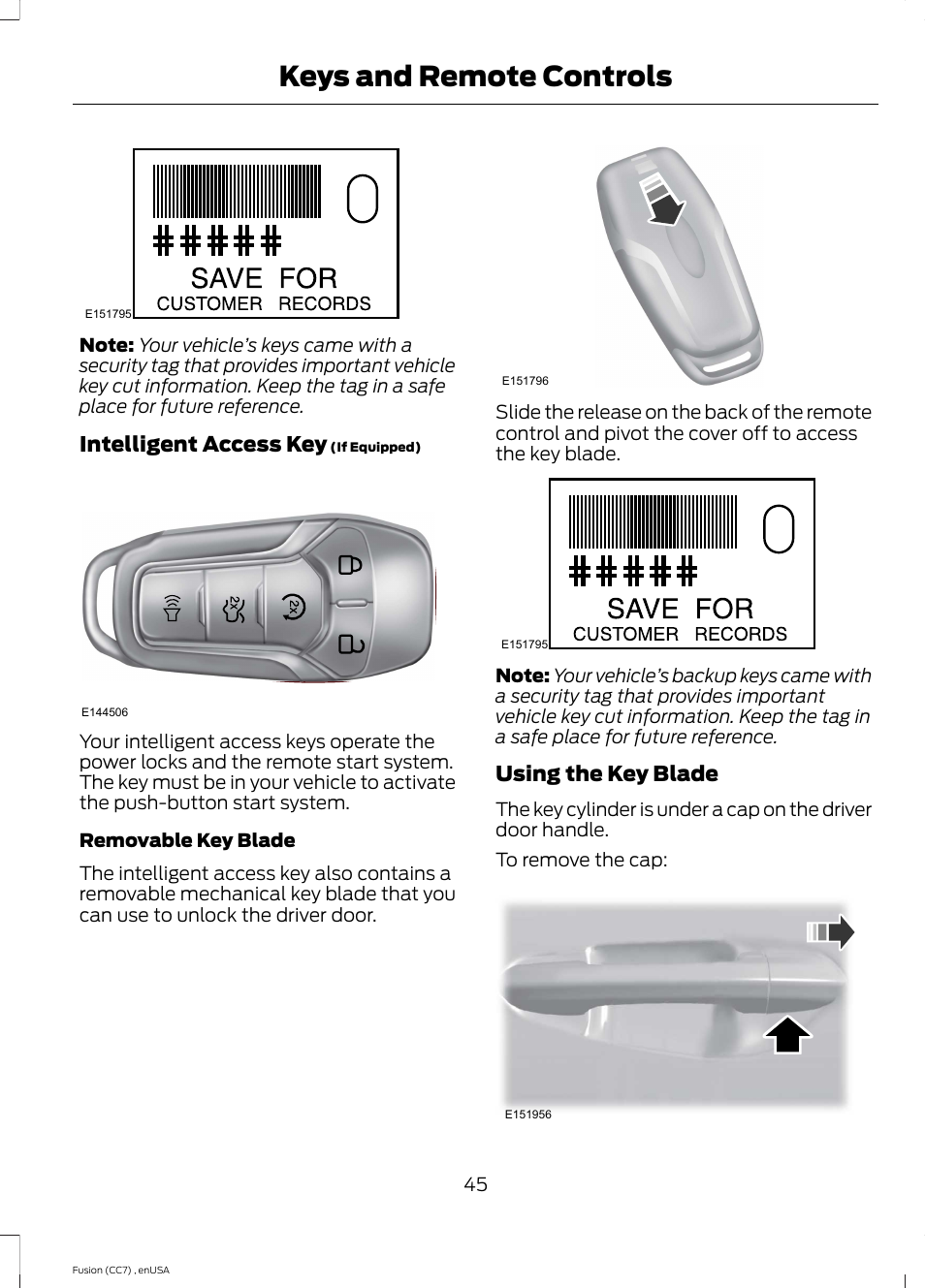 Keys and remote controls, Intelligent access key, Using the key blade | FORD 2014 Fusion v.3 User Manual | Page 48 / 458