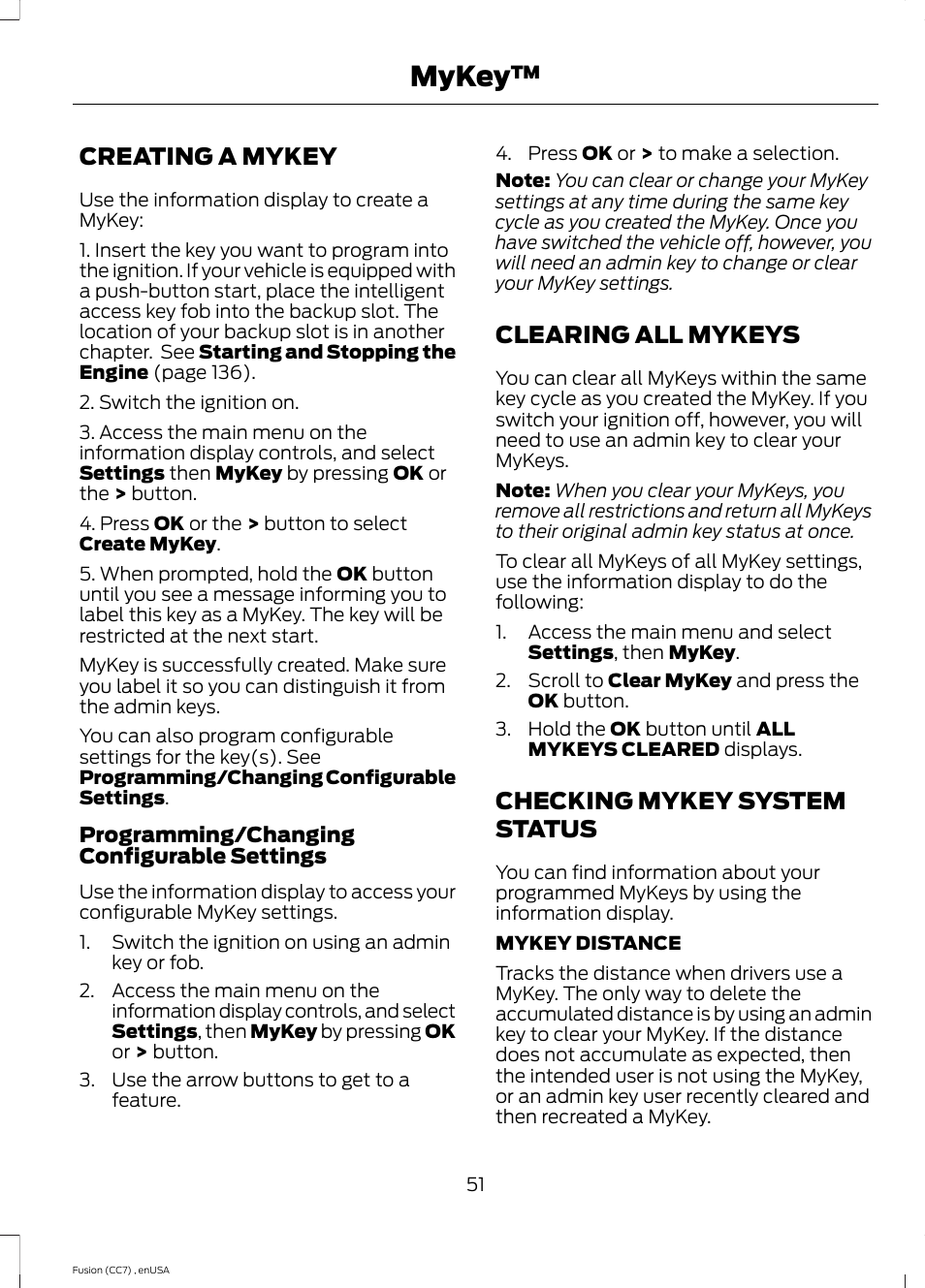 Creating a mykey, Clearing all mykeys, Checking mykey system status | Mykey | FORD 2014 Fusion v.3 User Manual | Page 54 / 458