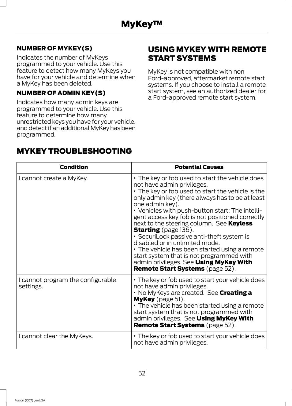 Using mykey with remote start systems, Mykey troubleshooting, Using mykey with remote start | Systems, Mykey | FORD 2014 Fusion v.3 User Manual | Page 55 / 458