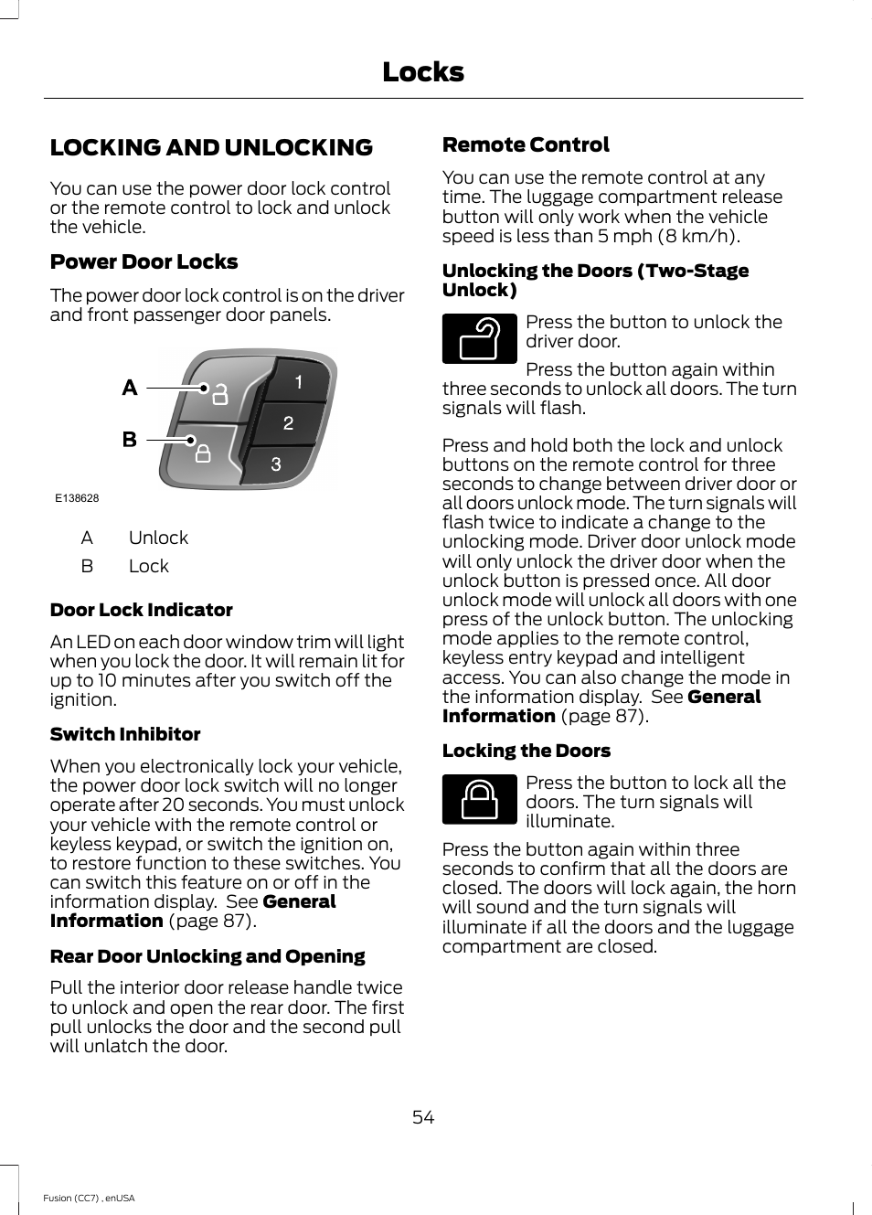 Locks, Locking and unlocking | FORD 2014 Fusion v.3 User Manual | Page 57 / 458