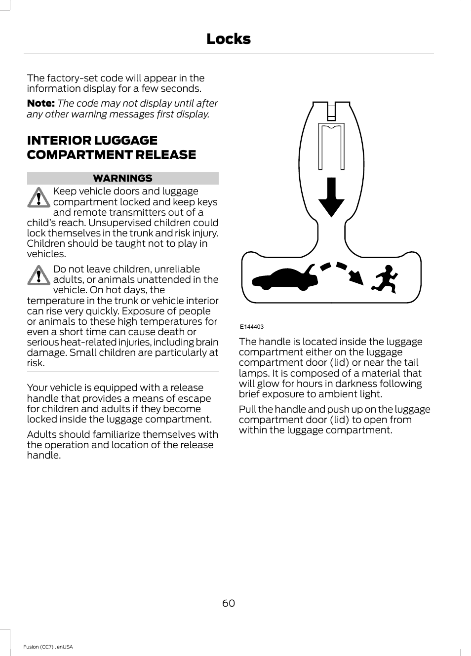 Interior luggage compartment release, Interior luggage compartment, Release | Locks | FORD 2014 Fusion v.3 User Manual | Page 63 / 458