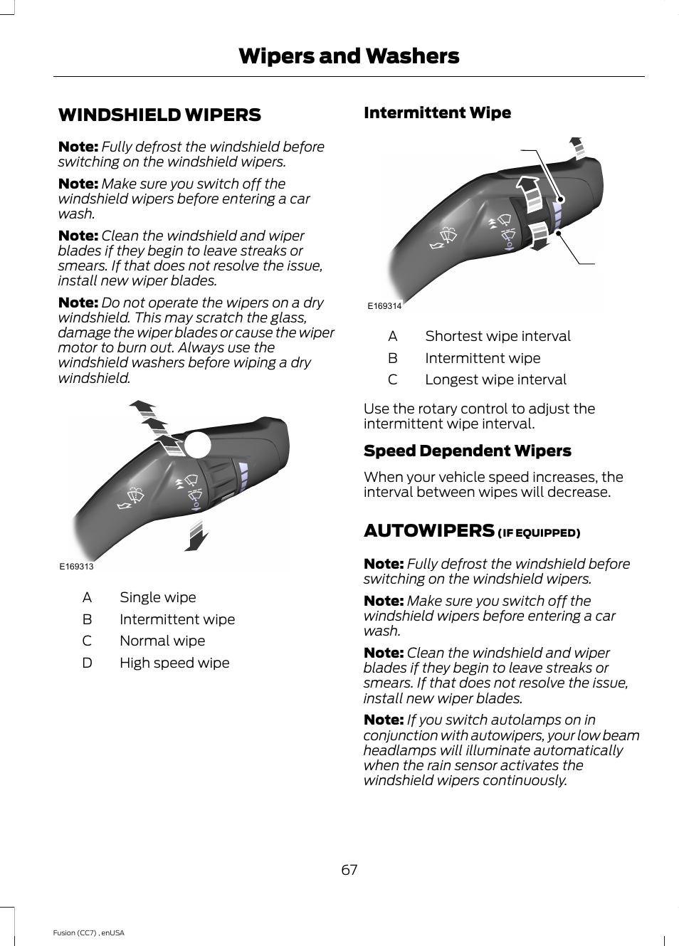 Wipers and washers, Windshield wipers, Autowipers | Windshield wipers autowipers, Dc b, Cb a | FORD 2014 Fusion v.3 User Manual | Page 70 / 458