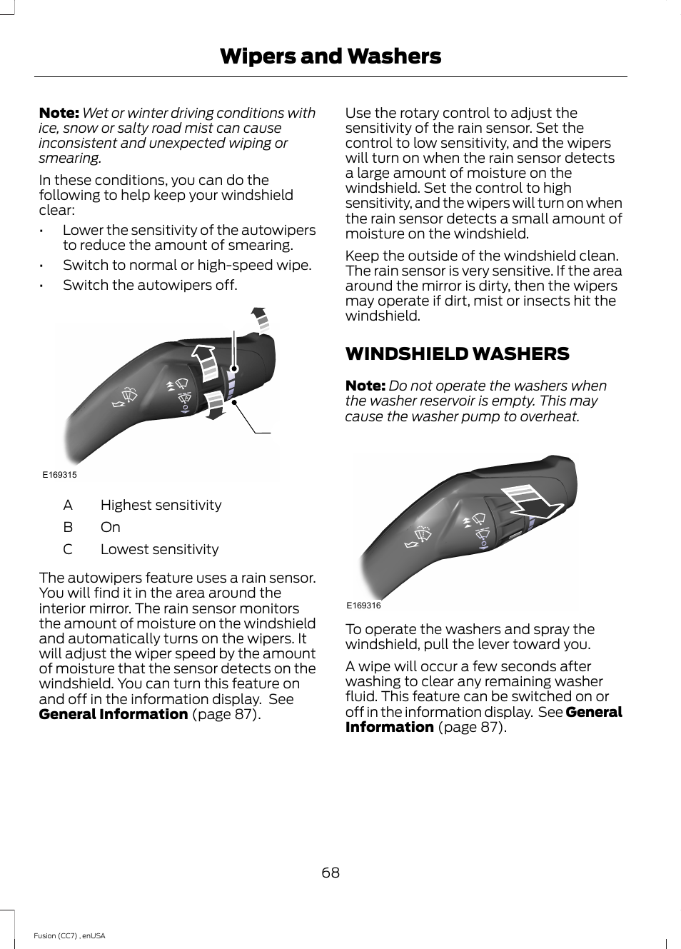 Windshield washers, Wipers and washers, Ac b | FORD 2014 Fusion v.3 User Manual | Page 71 / 458