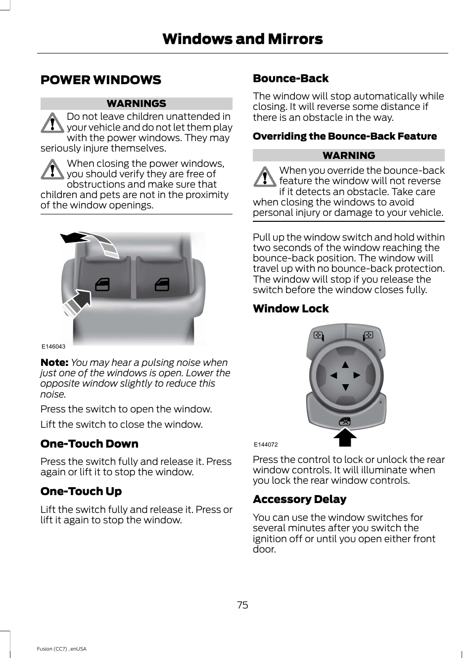 Windows and mirrors, Power windows | FORD 2014 Fusion v.3 User Manual | Page 78 / 458