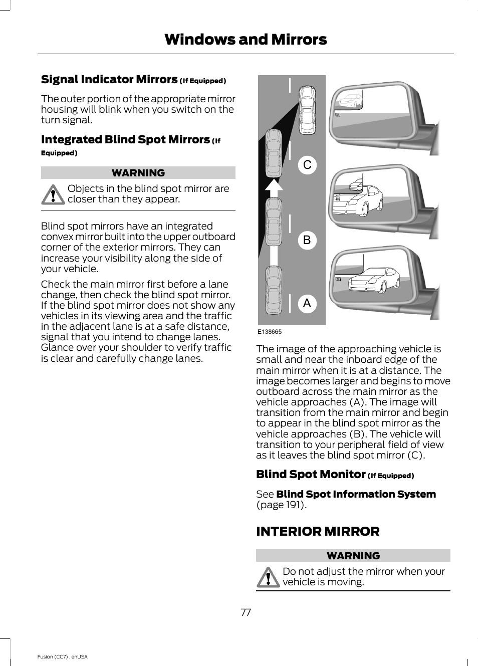 Interior mirror, Windows and mirrors, Ab c | FORD 2014 Fusion v.3 User Manual | Page 80 / 458