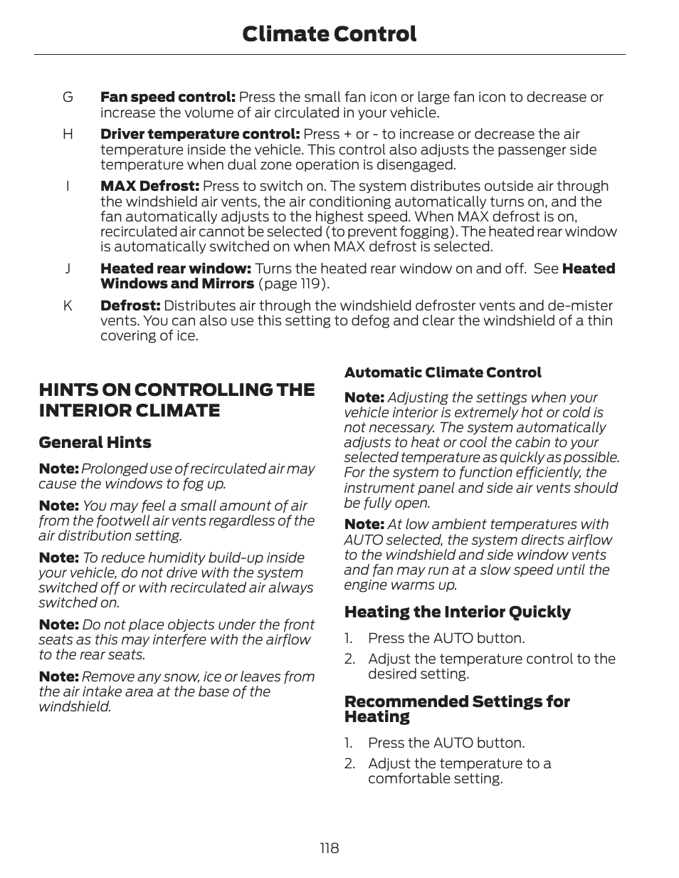 Climate control, Hints on controlling the interior climate | FORD 2014 Fusion Hybrid v.1 User Manual | Page 121 / 473