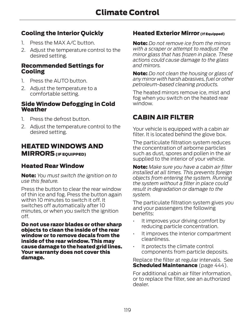 Climate control, Heated windows and mirrors, Cabin air filter | FORD 2014 Fusion Hybrid v.1 User Manual | Page 122 / 473