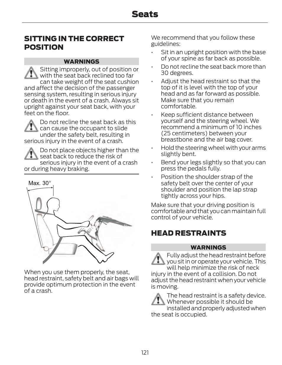 Seats, Sitting in the correct position, Head restraints | FORD 2014 Fusion Hybrid v.1 User Manual | Page 124 / 473