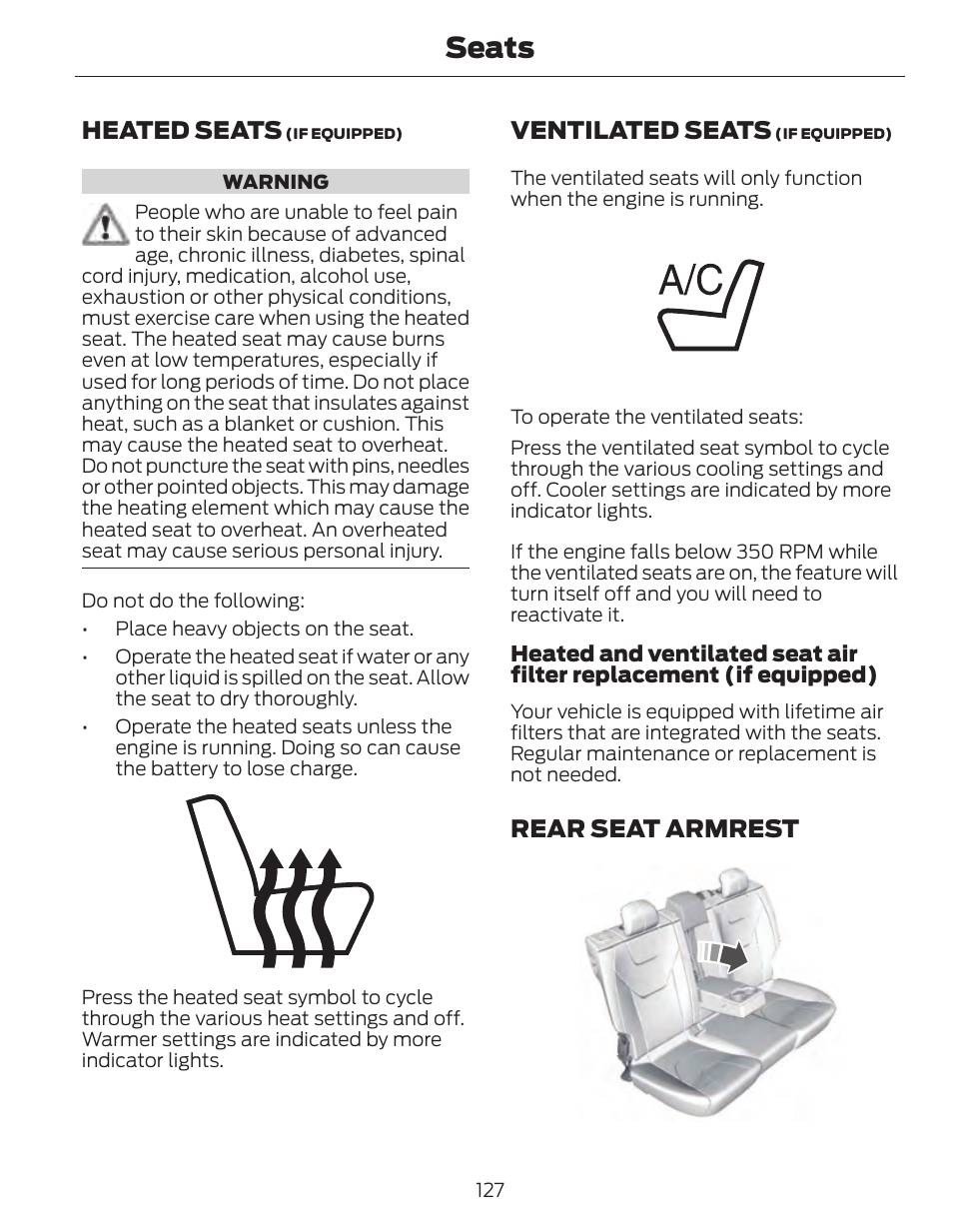 Seats, Heated seats, Ventilated seats | Rear seat armrest | FORD 2014 Fusion Hybrid v.1 User Manual | Page 130 / 473