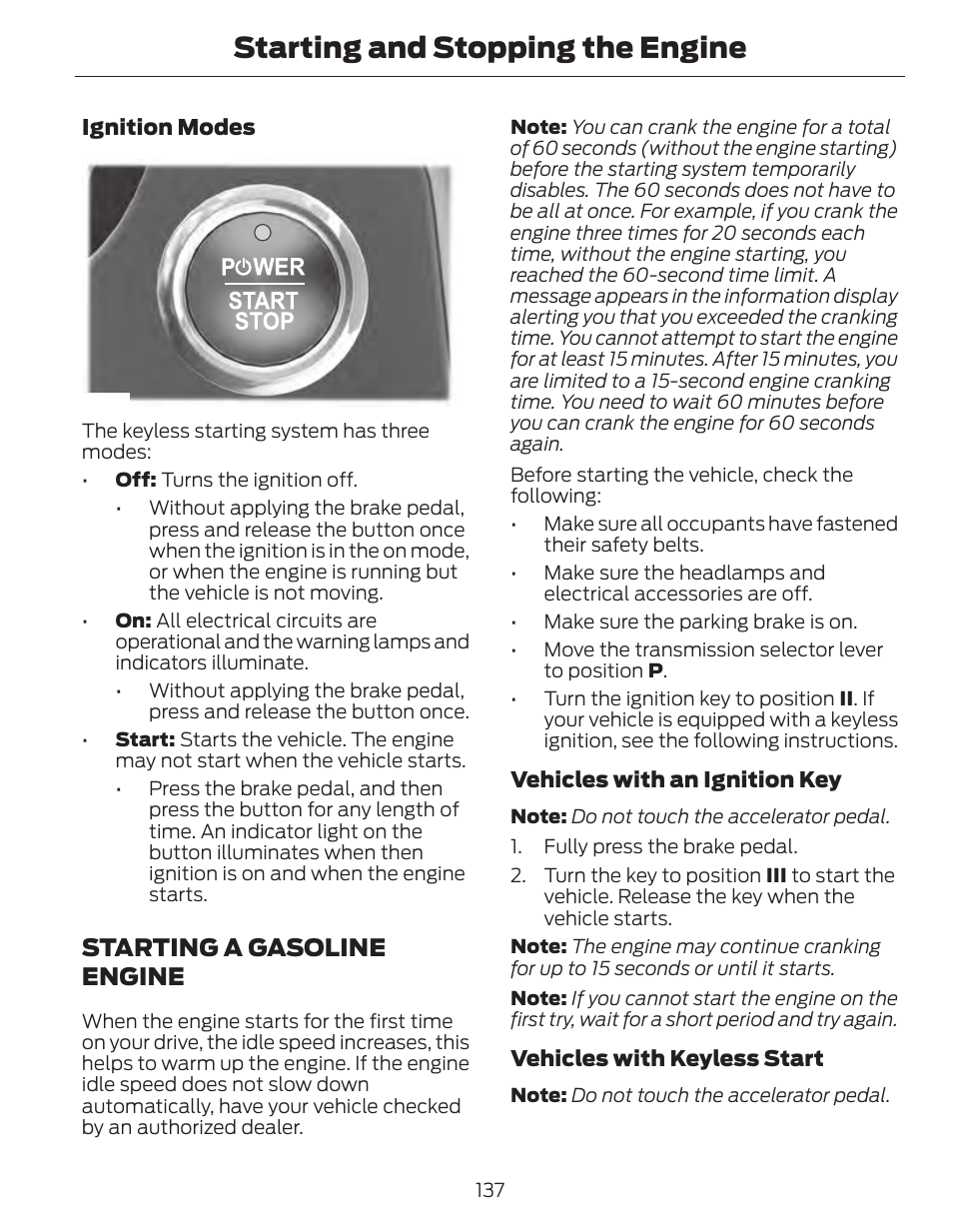 Starting and stopping the engine, Starting a gasoline engine | FORD 2014 Fusion Hybrid v.1 User Manual | Page 140 / 473