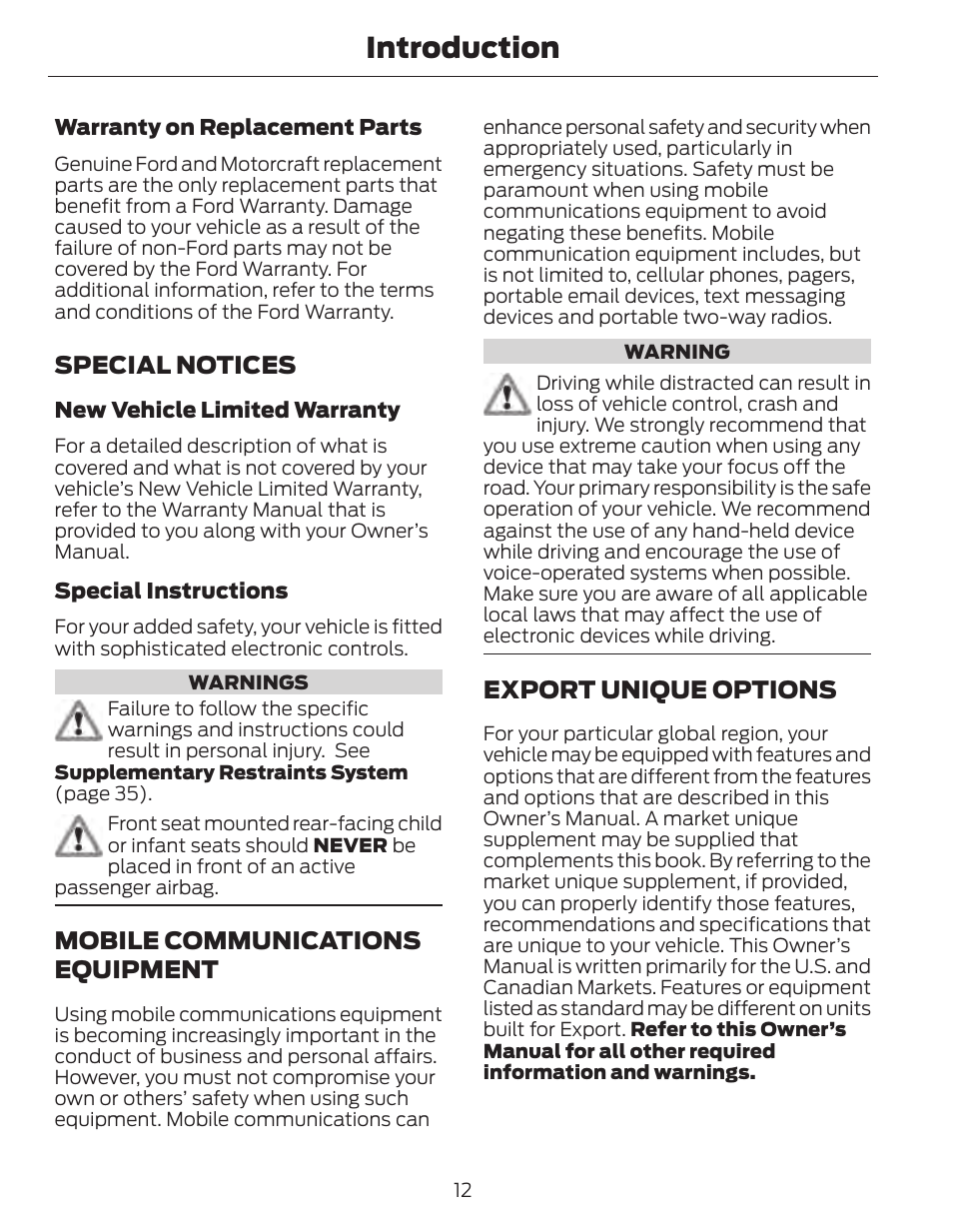 Introduction, Special notices, Mobile communications equipment | Export unique options | FORD 2014 Fusion Hybrid v.1 User Manual | Page 15 / 473