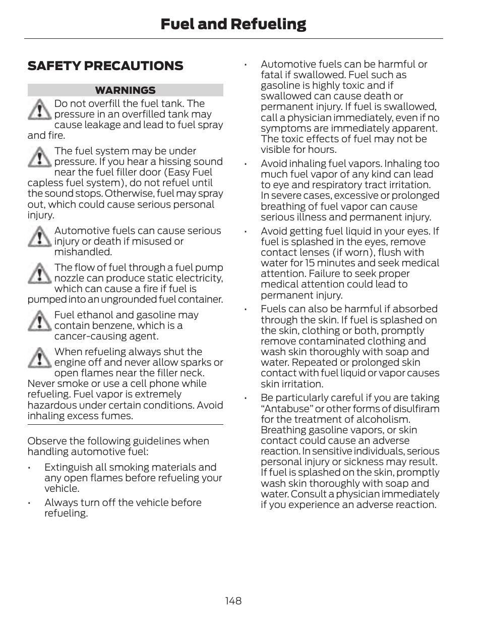 Fuel and refueling, Safety precautions | FORD 2014 Fusion Hybrid v.1 User Manual | Page 151 / 473