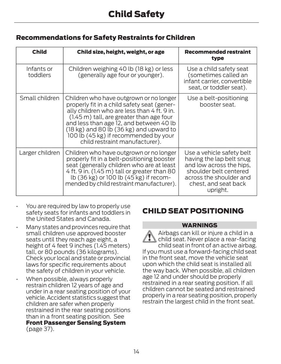 Child safety, Child seat positioning | FORD 2014 Fusion Hybrid v.1 User Manual | Page 17 / 473