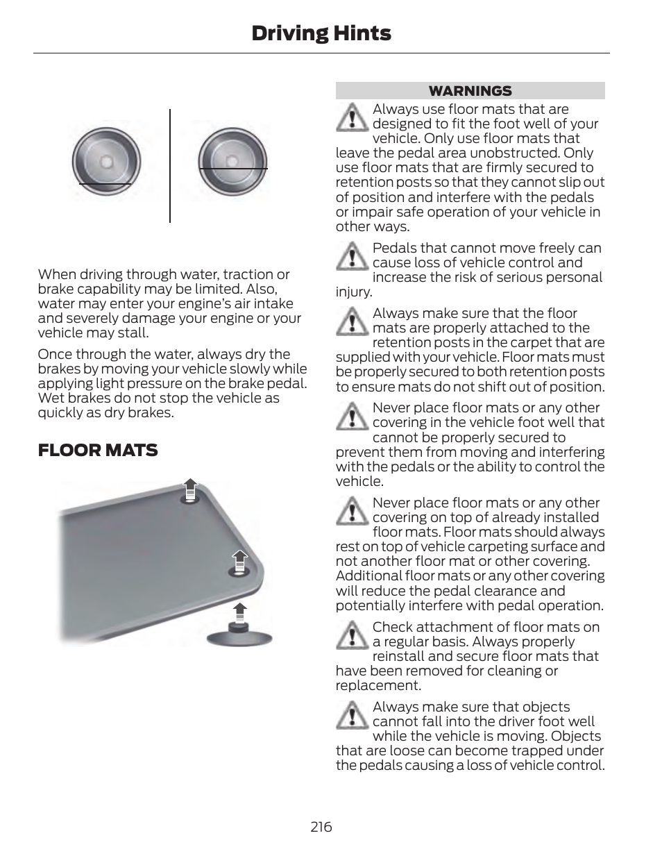 Driving hints, Floor mats | FORD 2014 Fusion Hybrid v.1 User Manual | Page 219 / 473