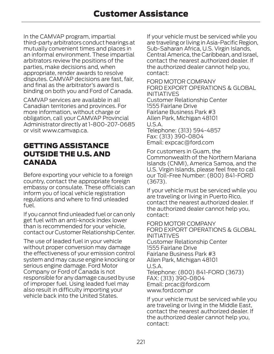 Customer assistance, Getting assistance outside the u.s. and canada | FORD 2014 Fusion Hybrid v.1 User Manual | Page 224 / 473