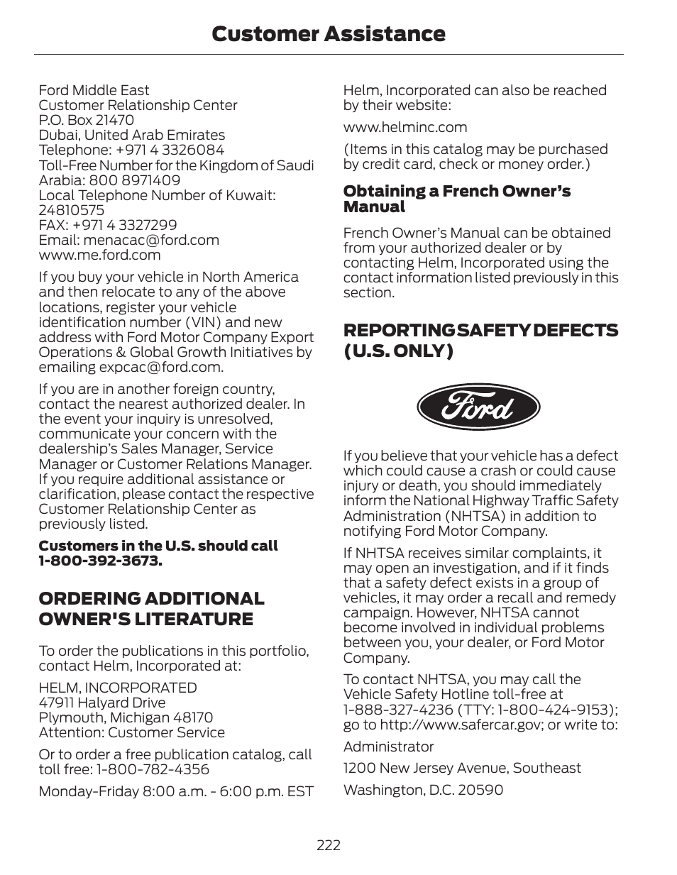 Customer assistance, Ordering additional owner's literature, Reporting safety defects (u.s. only) | FORD 2014 Fusion Hybrid v.1 User Manual | Page 225 / 473