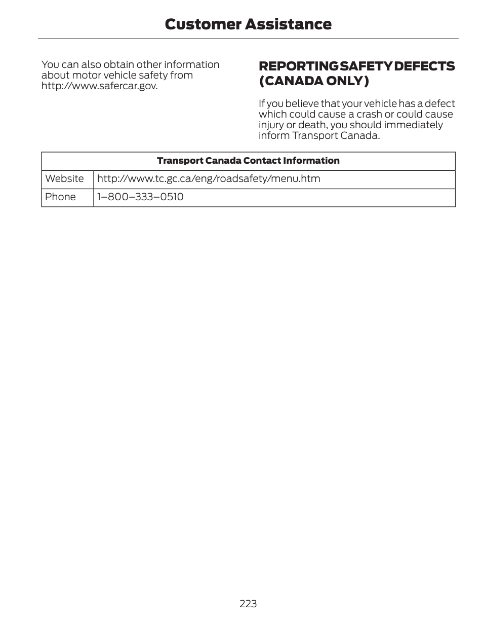 Customer assistance, Reporting safety defects (canada only) | FORD 2014 Fusion Hybrid v.1 User Manual | Page 226 / 473