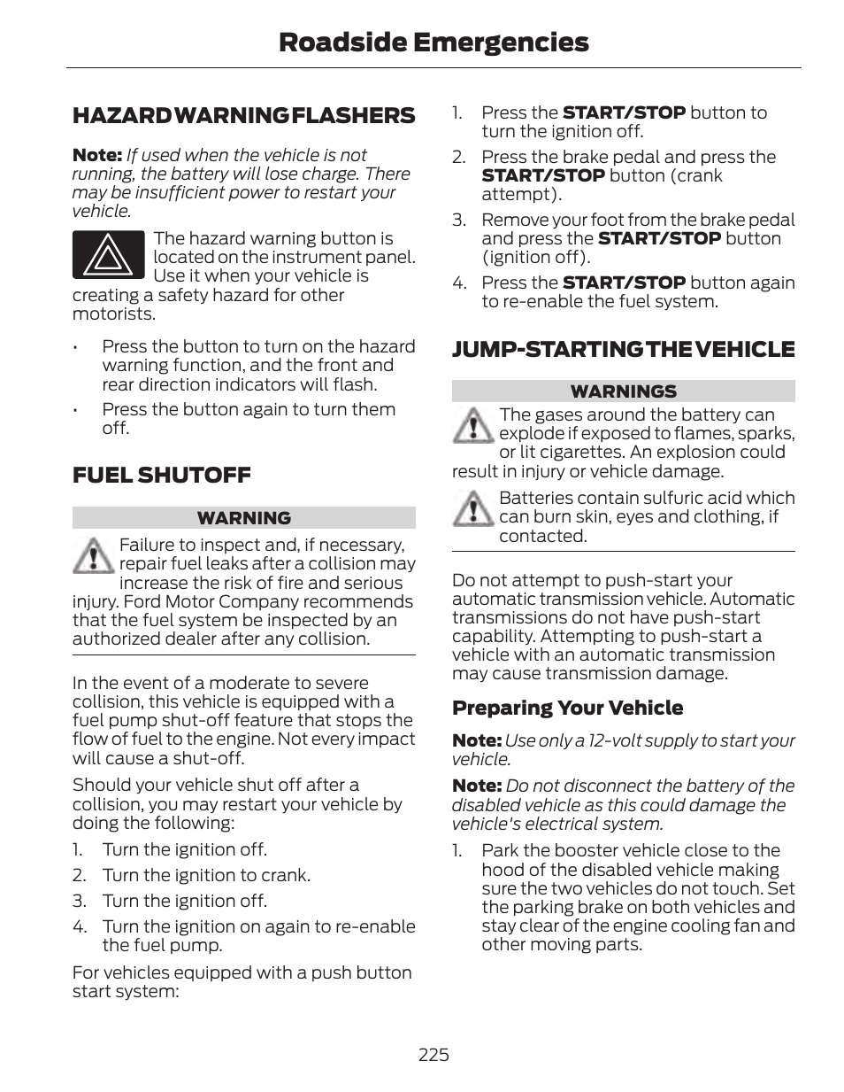 Roadside emergencies, Hazard warning flashers, Fuel shutoff | Jump-starting the vehicle | FORD 2014 Fusion Hybrid v.1 User Manual | Page 228 / 473