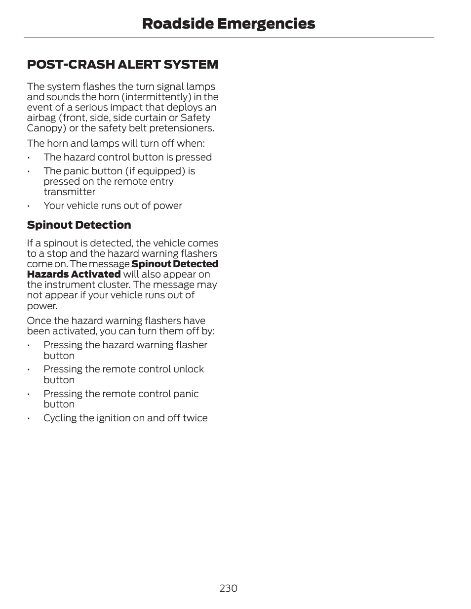 Roadside emergencies, Post-crash alert system | FORD 2014 Fusion Hybrid v.1 User Manual | Page 233 / 473