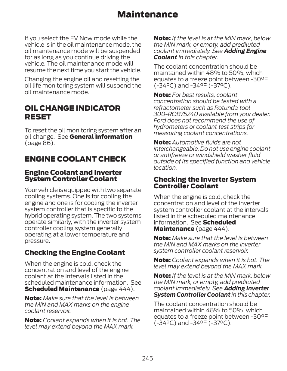 Maintenance, Oil change indicator reset, Engine coolant check | FORD 2014 Fusion Hybrid v.1 User Manual | Page 248 / 473