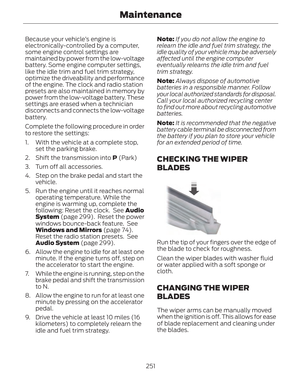 Maintenance, Checking the wiper blades, Changing the wiper blades | FORD 2014 Fusion Hybrid v.1 User Manual | Page 254 / 473