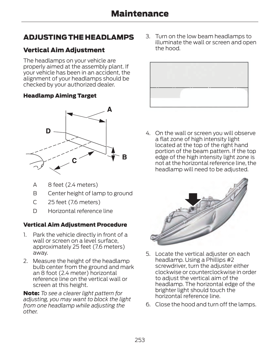 Maintenance, Adjusting the headlamps | FORD 2014 Fusion Hybrid v.1 User Manual | Page 256 / 473