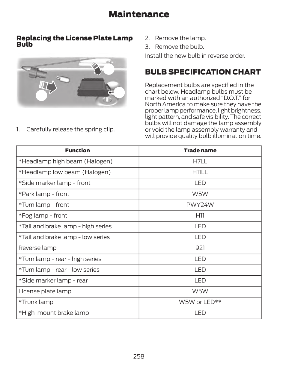 Maintenance, Bulb specification chart | FORD 2014 Fusion Hybrid v.1 User Manual | Page 261 / 473