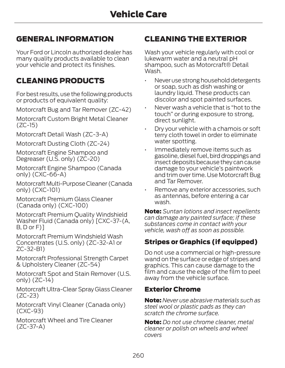 Vehicle care, General information, Cleaning products | Cleaning the exterior | FORD 2014 Fusion Hybrid v.1 User Manual | Page 263 / 473